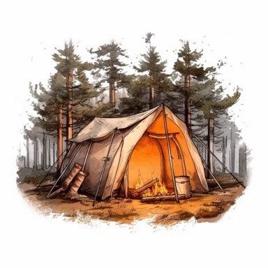 camping style cute camping tent in the campground at the night with watercolor effect,night landcsape,camping tools,camping chairs and table,forest landscape,suitable for digital clipart,white background Clipart ,Cartoon,hyper realistic, intricate detail, illustration style,high solution,on the white background