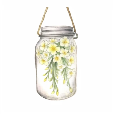 Design a dreamy watercolor clipart of japanese-inspired hanging mason jar with A bouquet of narcissus flowers symbolizing new beginnings composition, hand-painted with soft and graceful brushstrokes. Draw inspiration from the artistic finesse of Ethereal Petals Watercolors for a refined and ethereal depiction. isolated on a white background, hand-drawn illustration, hand-painted watercolor texture, 16k UHD resolution, intricately detailed, sharp focal points, designed by Ana Victoria Calderon an