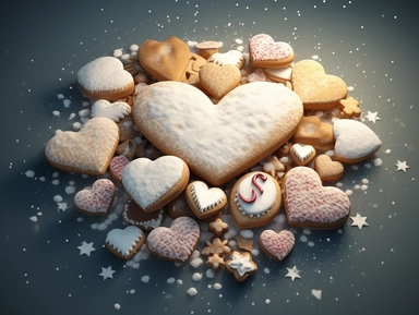 A 3D clipart of festive Christmas cookies arranged in a heart shape on a snowy background.