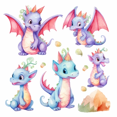Dragons watercolor clipart, cute dragon PNG, nursery wall art, boys clipart, kids party, baby shower, white background