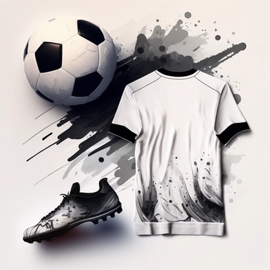a watercolour drawing of the back of a white soccer shirt with black trimming, a black and white soccer shoes next to a black and white soccer ball lay in front, black and white, unbranded. painting, photorealistic brush strokes, geiger art, watercolor, ,