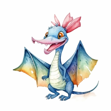 watercolored clipart with pterodactyl, funny and friendly, goofy, silly and playful dinosaur, colored, white background