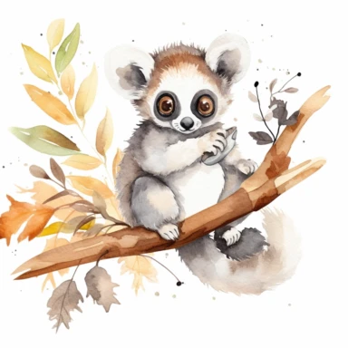 a whimsical watercolor clipart image with a white background and vibrant colors, featuring a cute lemur hanging playfully from a tree branch, its tail curled in delight. The ultra-detailed, hand-drawn elements capture the energetic and mischievous nature of the lemur. Use shades of gray, brown, and green to create a visually captivating and lively image that conveys the charm and liveliness of the lemur in its natural habitat.