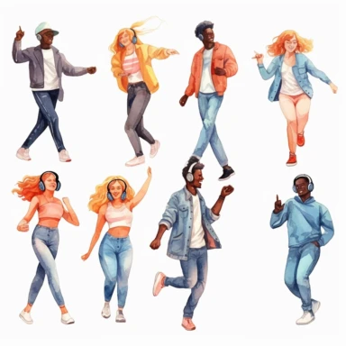 watercolor, Happy people dance to music while listening to it with headphones and earphones. Set of diverse modern men and women dancing from joy and fun png Full body realistic cartoon in 32K UHD cute. 15 cm thick outline. Black color. There was no shadow on the ground. 8k with realistic watercolors and detailed illustrations. PNG clipart, transparent white background