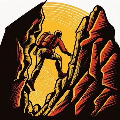 a sportsman climbing a mountain wall, seen from behind, png clipart vector clip art, in the style of woodcut-inspired graphics, dark red and yellow, tang dynasty, close up, bold, graphic lines, gesture painting, 32k uhd, ps1 graphics