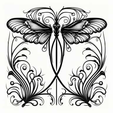 symmetrical dragonfly style fairy wings in art nouveau style, black lines, detailed, flat design, flat flowers embedded into the wings, white background, clipart style, black and white,