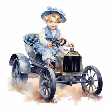 Watercolor Victorian baby girl in driving a dafk blue ford t car from the era clipart , on a white background, Illustration clipart, 4K, extremely detailed