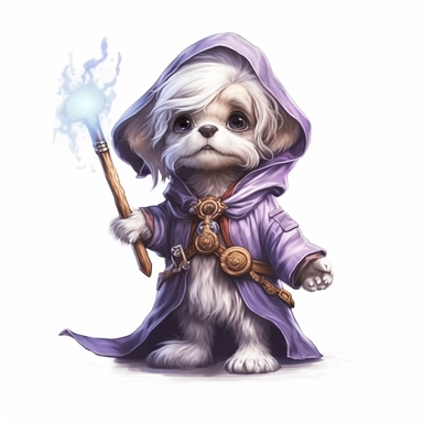 Adorable cute fantasy baby dog dressed like mage standing in dynamic pose,front view,fullbody,sharp through out,happy expression, nursery art, clipart image, lineart image, white background, very detailed, 8k, composition wide shot