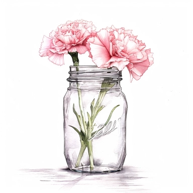 Carnation in a There is water in the jar vase. Clipart style by Lucy Fleming, watercolor, smooth gradients, black contour outline, ultra detailed, clipart elements, delicate pastel colors, solid white background, super clear, high quality