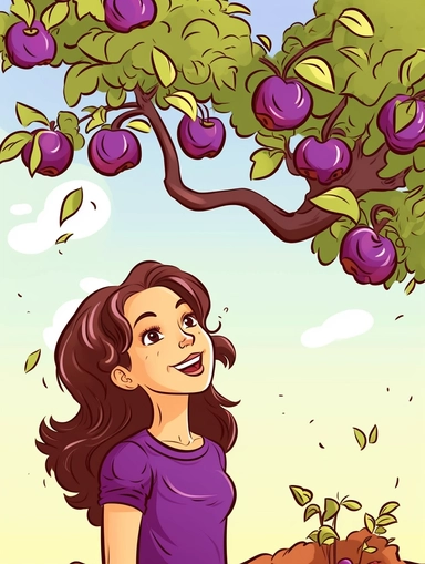 girl looking up at apple tree, apples are purple, cartoon style clipart