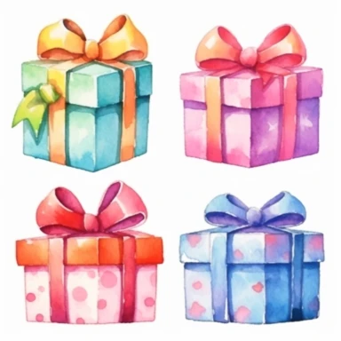 set of watercolors cute giftbox for kids book, white backgroun, clipart, clean and crisp