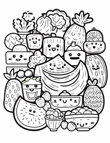 Fruit Fiesta: A collection of kawaii fruits, including a smiling watermelon, a happy For Simple Coloring page,line art, thick lines, black and white,clipart, illustration, on white background