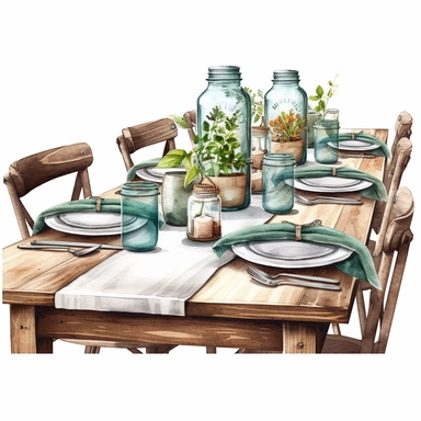 watercolor, hyper realistic, white background with margins, 8k, ultra detailed clipart rustic table settings featuring burlap table runners, wooden chargers, and mason jar centerpieces, brown and green