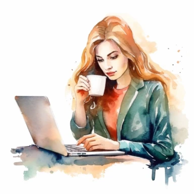 watercolor clipart for a girl working on a laptop with a cup of coffee