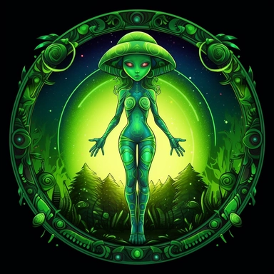full body, Green skinned alien female, Antenae on her head, large alien shaped eyes, alien planet, bioluminescent objects, artistic clipart border, planets, stars, alien foliage, UFO in the background, artistic vector border, decorative border, solar system, planets, stars