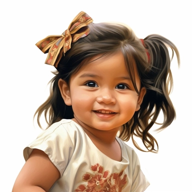 Adorable, cute, mexican, baby girl, happy, smiling, wearing a re shirt and a satin ribbon in her hair, extreme focus, professional artists rendition, no text, no logo, no name, no letters, Highly Detailed, clip art, white background, smooth edges, flawles