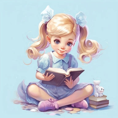 A cute little girl about three years old, with pigtails on her head and blonde hair, wearing a flowing lila dress and socks on her feet is reading a book, lila, babyblue clipart, pastel