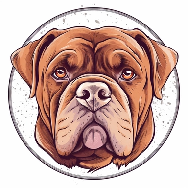 logo, ink drawing Dogue de Bordeaux , head, facing front, cute, circle frame, cartoon clipart, vector, bold line, white isolated background, high definition