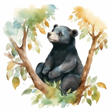 Watercolor baby Sun bear sitting under a tree clipart, for childish cards, illustration style, on white background, detailed, hd
