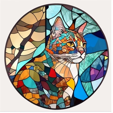 Stained Glass cat ornament,in the style of circular, артур скижали-вейс, animated mosaics clipart on a white background, shutterstock contest winner, generative art, detailed painting, digital illustration, photoillustration isolated on white background, digital watercolor