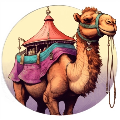 camel with tent howdah, C. M. Russell Josh Kirby Mad Max Lord of the Rings, enamel punk zine indie retrowave, clipart illustration, circular solid background circular border