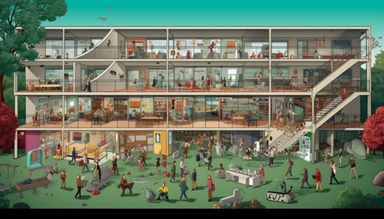 illustrated creative design university space, lots of people are working, hidden object, funny, minimalistic, vector clipart, 8k, high detail