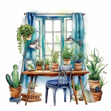 A boho style home working corner with watercolor effect, boho style tools, boho style big window, , boho style details, boho colors, suitable for digital clipart, white background, boho style green plants, boho flowers