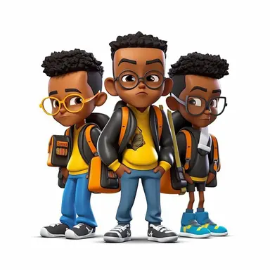 3D toy young 3 black boys wearing a backpack with a school uniform outfit in the style of boondocks in the style of marvel comics cartoon in the style of Afrocentric art with white background can't believe how beautiful this is clipart, graphic vector, isolated on white background
