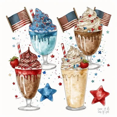 4th of july iced coffee clipart 4 different cups sprinkles on whipped cream red white blue flag stars