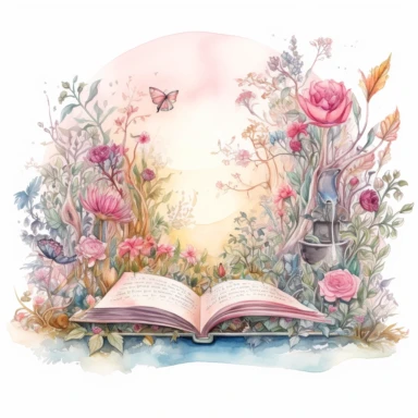 fantasy scene coming out of an open book, secret garden, florals, magical, watercolors, Clipart, pastel pink color theme