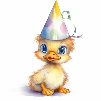 adorable duckling with party hat on, handpaint watercolor, high resolution, cartoon style, watercolor clipart,