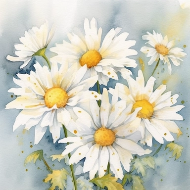 A watercolor representation of daisy flower clipart, capturing the delicate and ethereal beauty of these cheerful flowers. The daisies are painted with translucent washes of white, depicting their soft petals and sunny yellow centers. The watercolor technique creates a dreamy and whimsical atmosphere, evoking a sense of lightness and joy. Against a pristine white background, the daisy clipart stands out gracefully. Soft, natural lighting adds a touch of luminosity, illuminating the watercolor wa