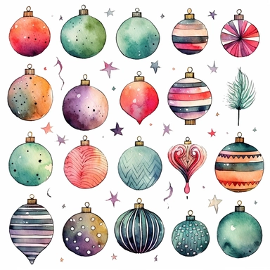 Watercolor line art, little squares filled with doodly patterns of  xmas ,ornaments and decorations , illustrations clipart set, simple, christmas colors , cartoon elements, different variants , stocking, bubble ornaments, xmas wreath, modern art, separate elements with a margin