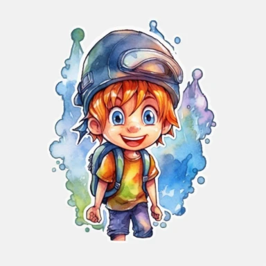 kid sticker, fun, adventure, clipart, water colour, 8K, stunning, 2d, q 2, v 5