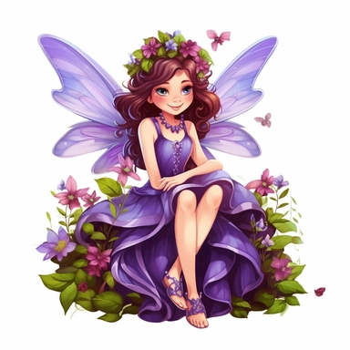 a beautiful smiling fairy girl sitting in flowers, big wings, purple dress, pixar style, full body image, clipart, white background