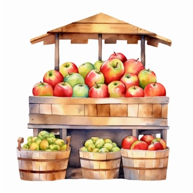 watercolor market stand with apples clipart, white background, realistic with high details, beautifully colored with strong palette pastel colors, 32k hd, detailed quality