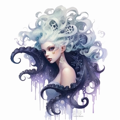 watercolor Ursula from Disney Little Mermaid, sea witch with a large octopus-like body, white short hair, clipart, white background, by Natalie Shau, by Kawacy
