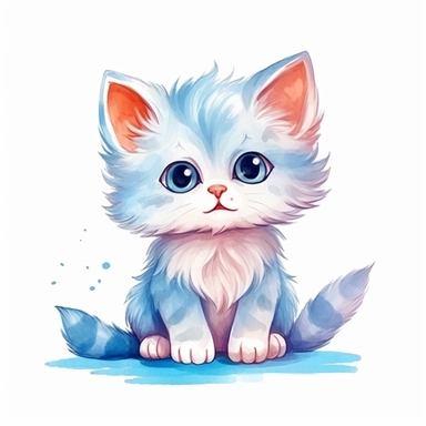 a whimsical cute fluffy baby cat cartoon clipart on white background with margins, watercolor, icon, sticker art