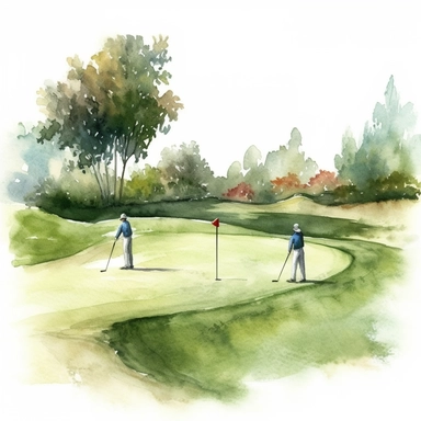 Idyllic watercolor clipart scene of a perfectly manicured putting green with flag and two golfers on a golf course, isolated on a pure white background, insane detail,