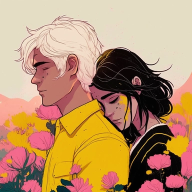 Dreamlike hyper realistic illustration of a couple in love embracing. The man has black hair. The girl is has white hair. In a field of pink and yellow flowers. Flat colors, simple lines, gorgeous lighting, graphic novel style, 2d painting, ink painting style, digital art, childrens character design, happy mood, pixar style cartoon, line work, minimalist, watercolor, 8k, PNG, clipart on white background, sticker style, studio ghibli vibe, studio ghibli style,