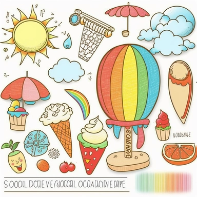 Please create a series of color-pencil clipart illustrations featuring different items related to summer. Each illustration should be drawn in a playful and cheerful style that captures the vibrancy and warmth of the season. Items to include can be beach 