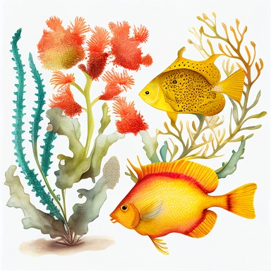 vintage colorful watercolor coral reef clipart red lobster and yellow flounder transparent background