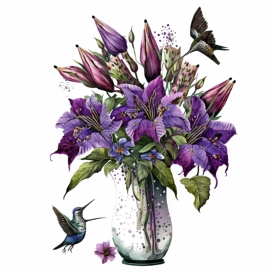 Watercolor realistic detailed purple tiger lily bouquet in stunning vase with hummingbird clipart, white background, no text