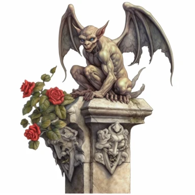 clipart, highly detailed ancient, stone gargoyle perched on a high ledge, red roses, watercolor, transparent background, white background