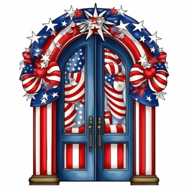 4th of July Patriotic Clip art of patriotic door, png Full body realistic cartoon in 32K UHD cute, 15 cm thick outline. Black color, 8k with realistic watercolors and detailed illustrations. PNG clipart, transparent white background