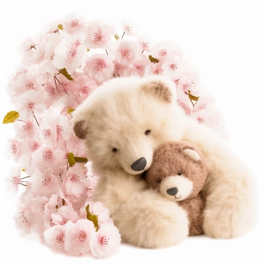 clipart of fluffy baby teddy bear sleeping in her mother's arms, cute, soft and mellow colors, cherry blossome environment, octan renderer, dept of field white background, cutout