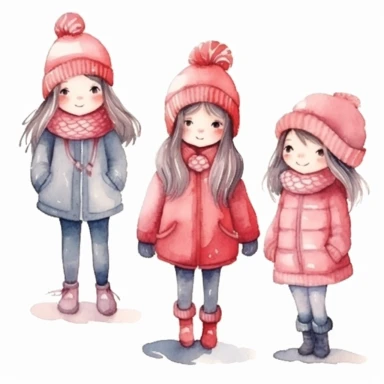 Set of watercolor cute little girl in winter clothes illustration for kids book, white backgroun, clipart, clean and crisp