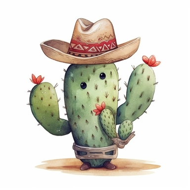 a cute cactus with a sombrero and a mustache, heart, watercolor clipart design, super cute, isolated white background, high quality, 2d, vector, flat