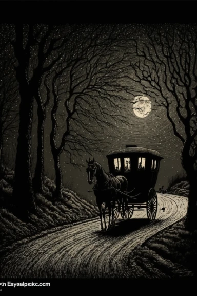 clipart of brown carriage drawn by horses in the distance on winding road on black background, Eerie magazine, Edward gorey, John William Waterhouse, beksinski