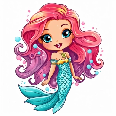 cute cartoon colourful mermaid clipart,stiker, white background,--no cut off edges